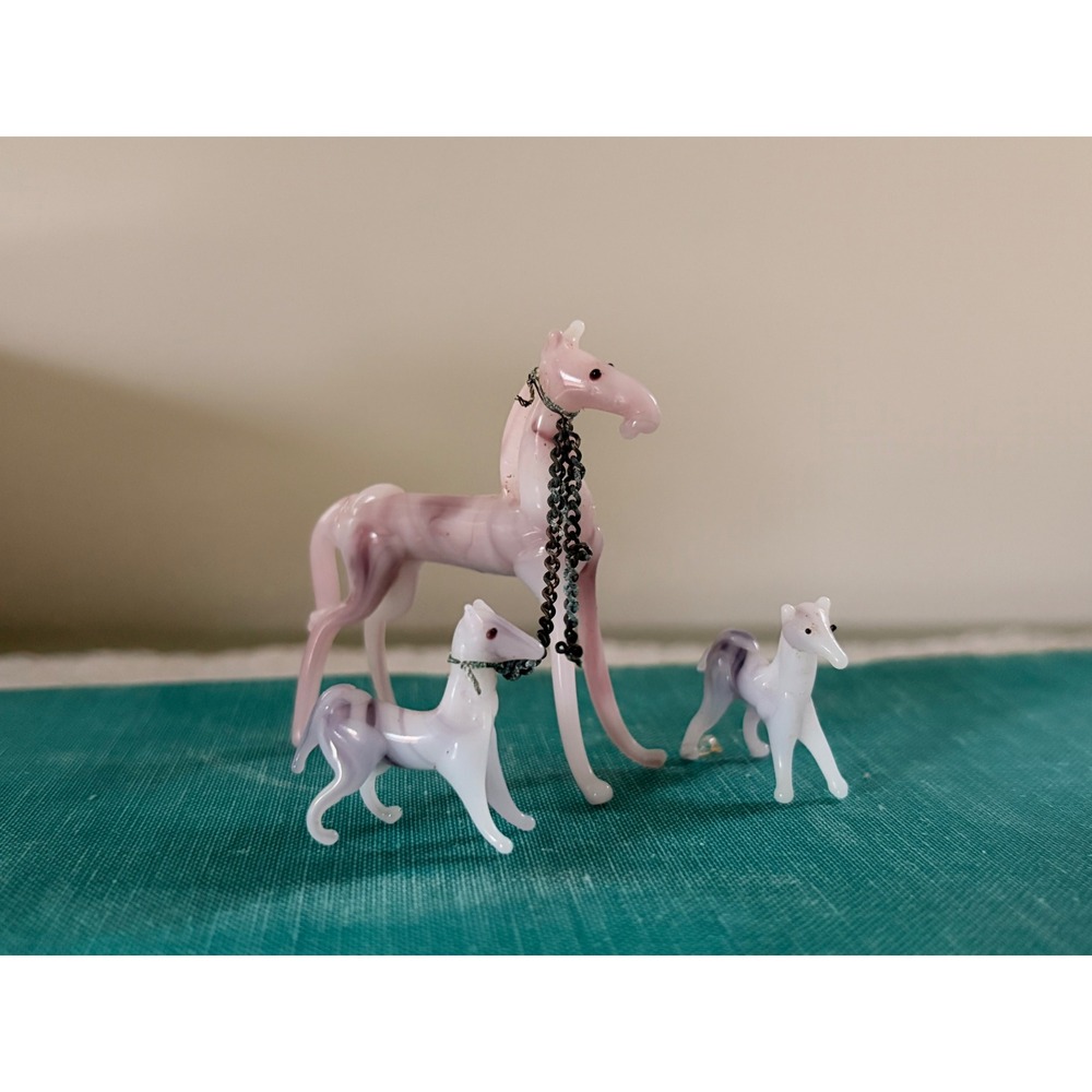 Vintage Miniature Lampwork Glass Horse Family Pink Purple Slag Glass Set of 3